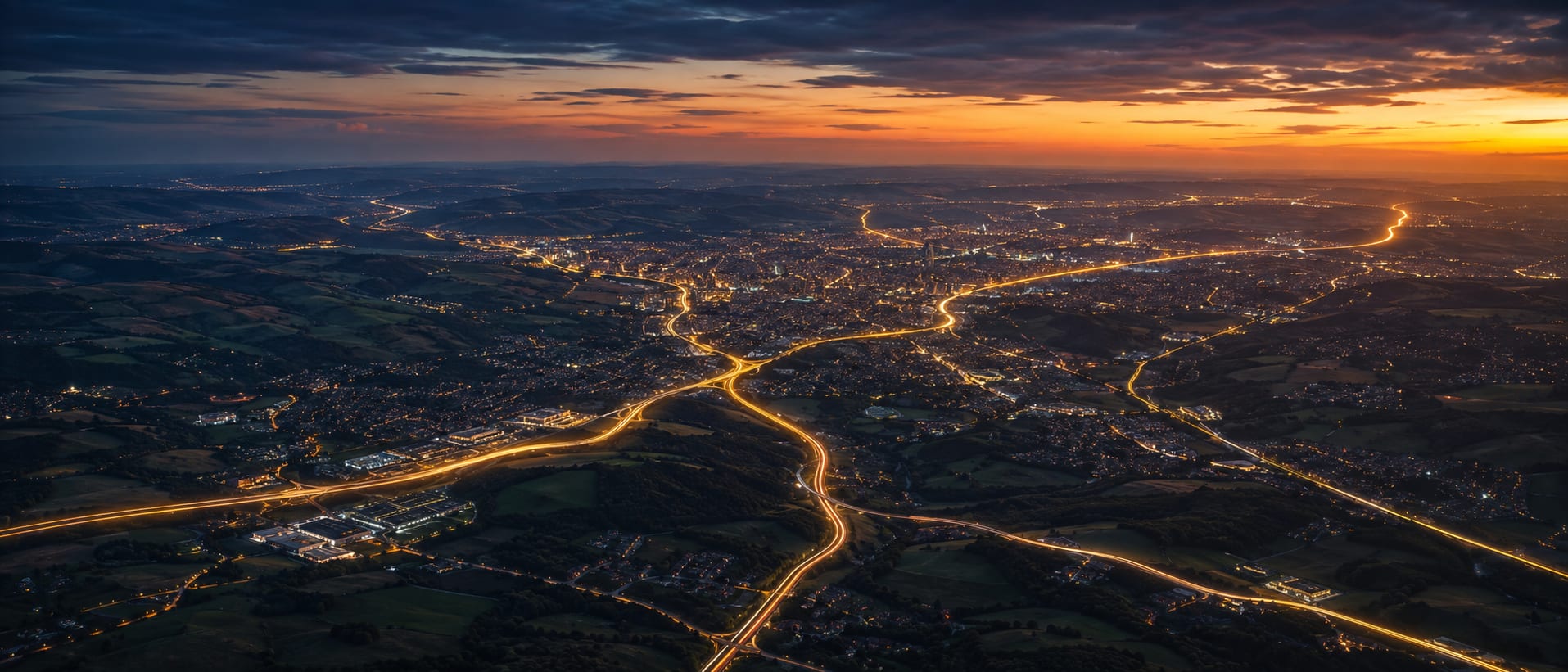 Golden-hour aerial view of roads and light-trails converging on the city across South Yorkshire