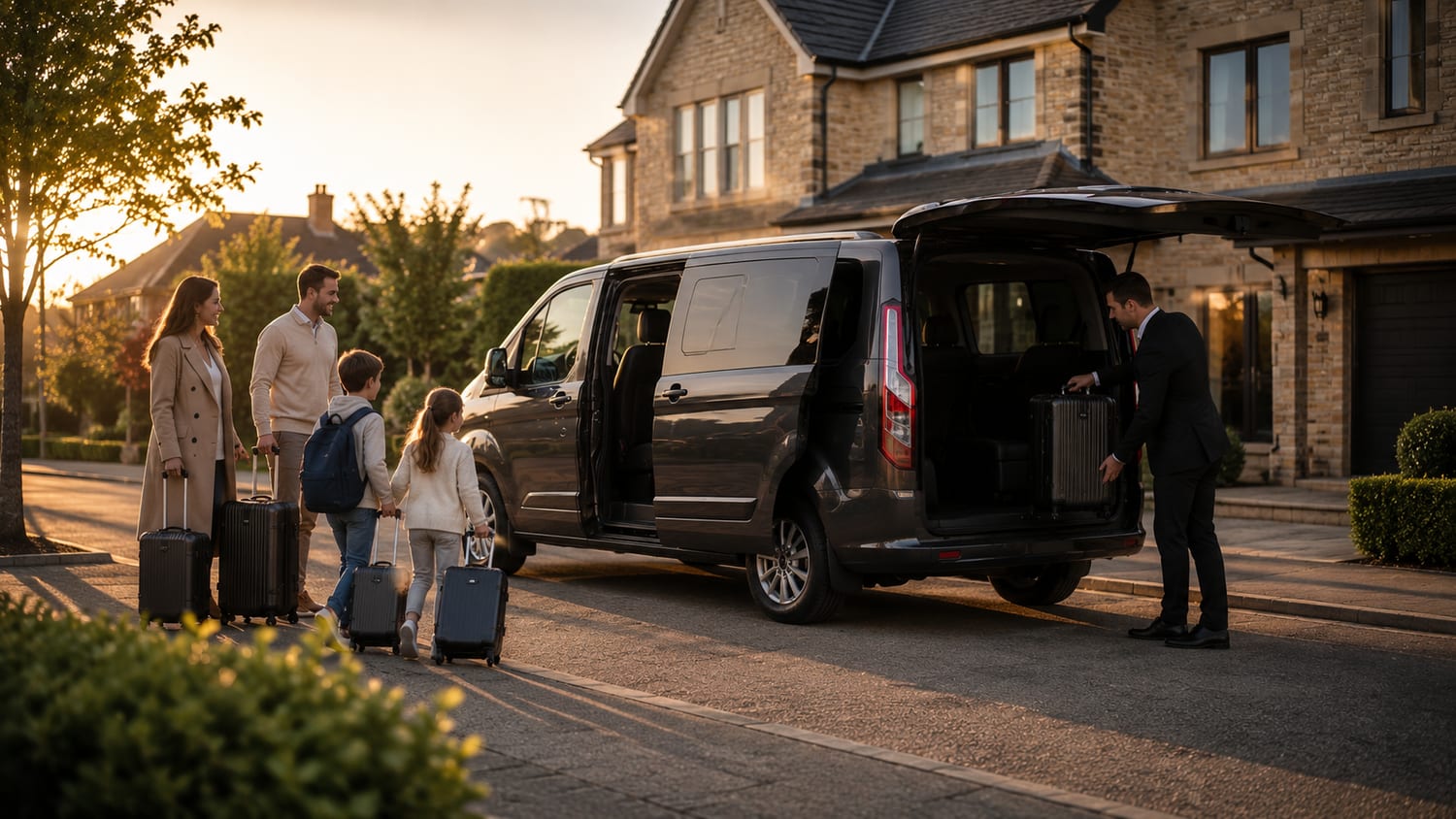 Driver loading luggage for a family airport transfer
